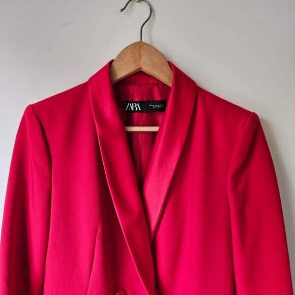 ZARA Red Tuxedo Blazer Satin Collar Jacket Sz M Double Breasted Party 7906/783 - Picture 4 of 10